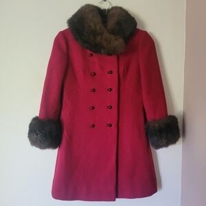 Vintage handmade 60s Mod Red Wool Double Breasted Peacoat w/Real Fur Trim, XSP